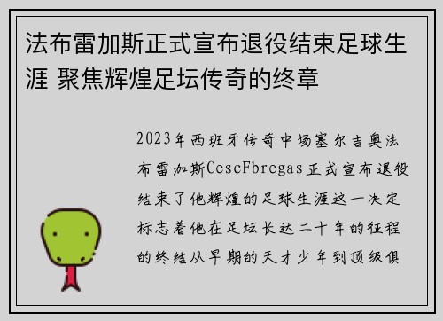 法布雷加斯正式宣布退役结束足球生涯 聚焦辉煌足坛传奇的终章